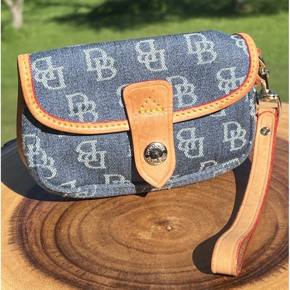 Dooney & Bourke Denim Monogram Wristlet Mini Bag Blue Vachetta Leather USA